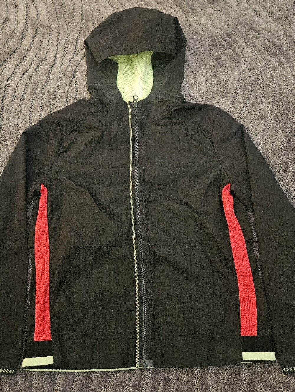 Russell Athletic Black Jacket with Red Panels and Neon Green Lining